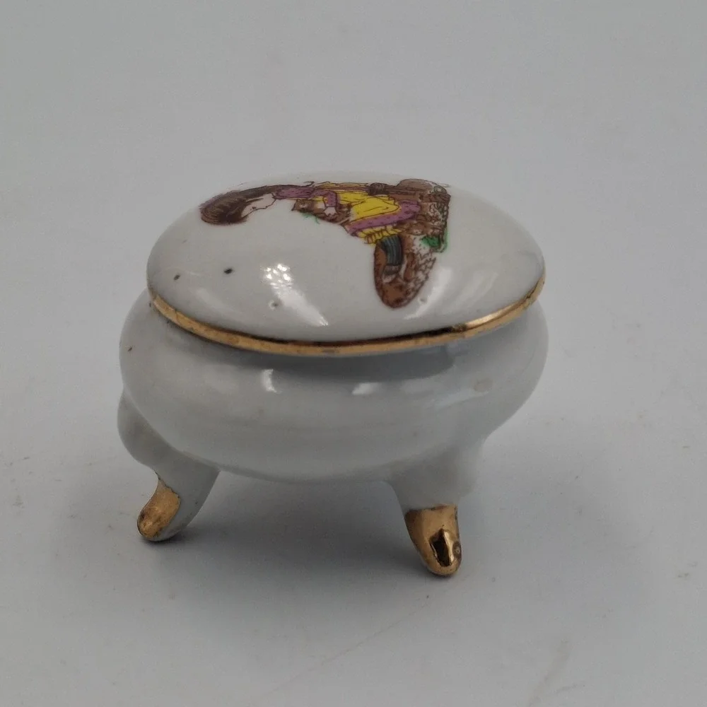 Vintage Petticoats & Pantaloons Roth Footed Trinket Box Porcelain Girl Cat Japan